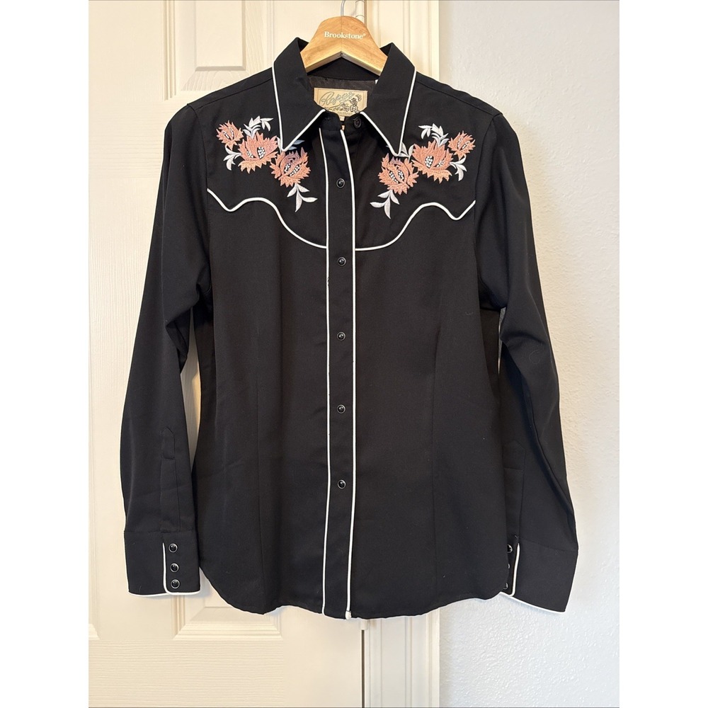 Roper USA made M Vintage Womens Embroidered Floral Pearl Snap Show Shirt Black